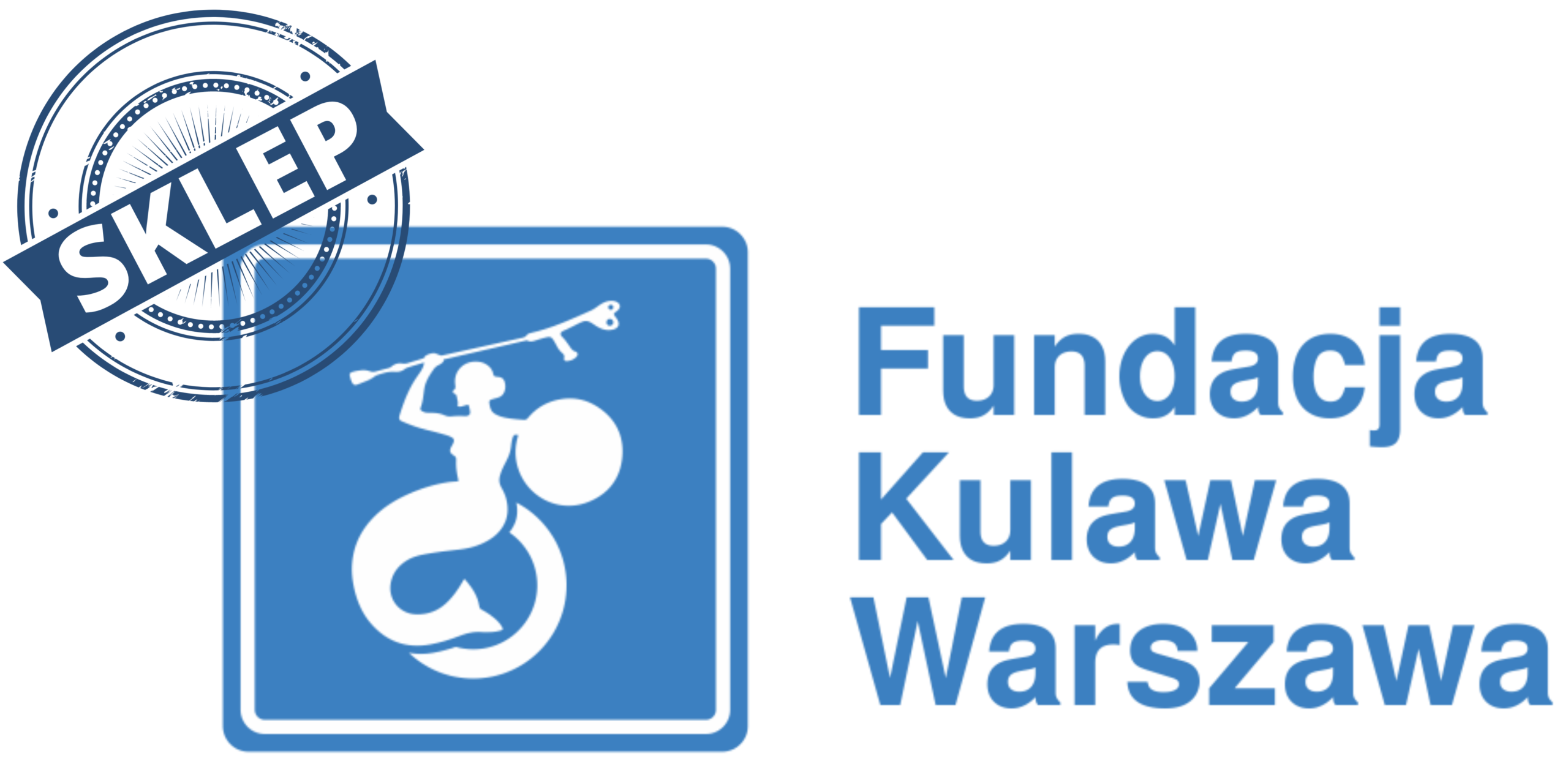 Logo Fundacji Kulawa Warszawa z syrenką warszawską połączoną z piktogramem osoby na wózku. odcisk pieczątki z napisem sklep